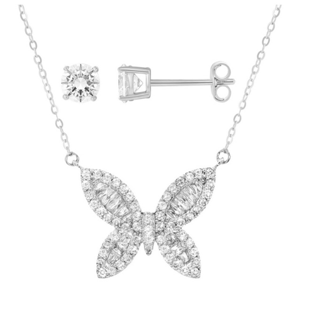 Elegant Silver Butterfly Necklace and Earring Set. Cubic Zirconia. Brilliance!